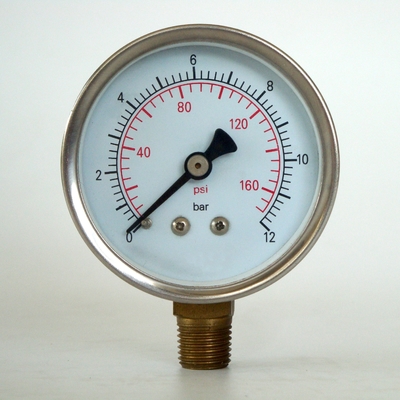 barra de acero inoxidable del indicador de presión de 63m m 12 manómetro de cobre amarillo de Internals de la escala dual de 160 PSI